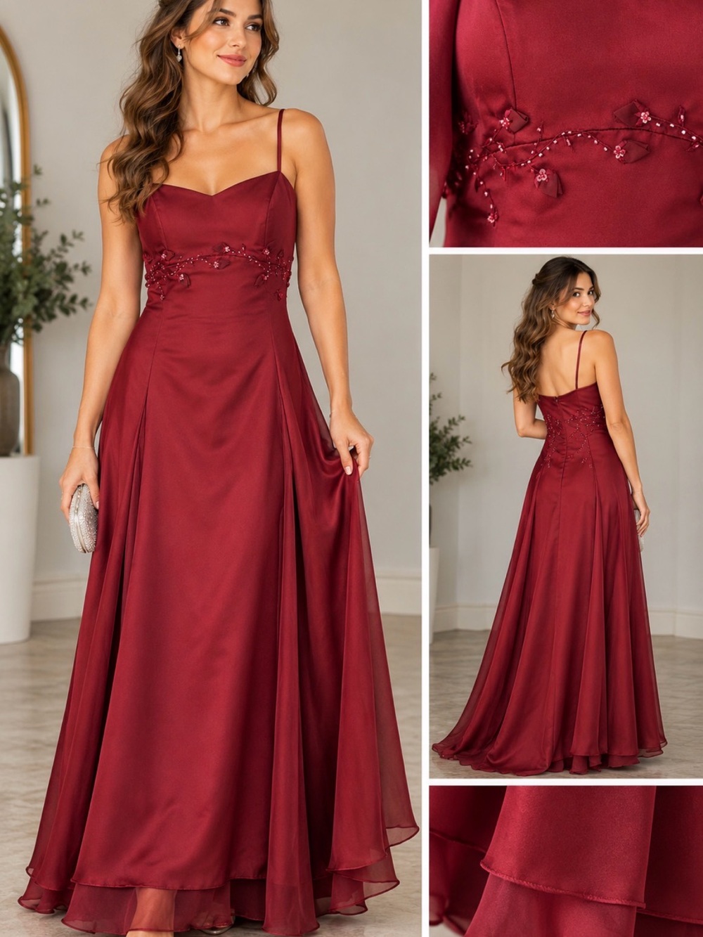 David's Bridal Burgundy Wine Spaghetti-Strap A-Line Gown Y2K Glamour Dress 👗